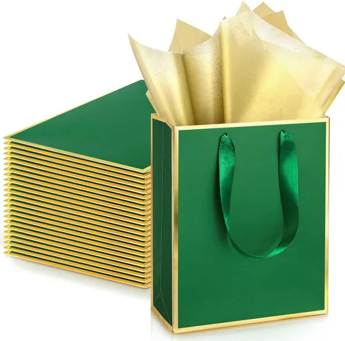 Miniatura 25 de Yeaqee Paquete de 24 bolsas de regalo de papel metálico con asa y papel de seda de 9 x 7 x 3.1 pulgadas, bolsas de favor de bienvenida con papel