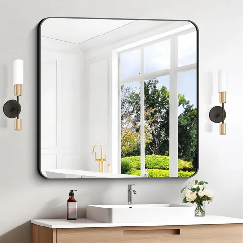 Miniatura 5 de Espejos de baño negros para pared, espejo cuadrado de 30 x 30 pulgadas, espejo de pared con marco de metal de esquina redondeada, espejo de tocador