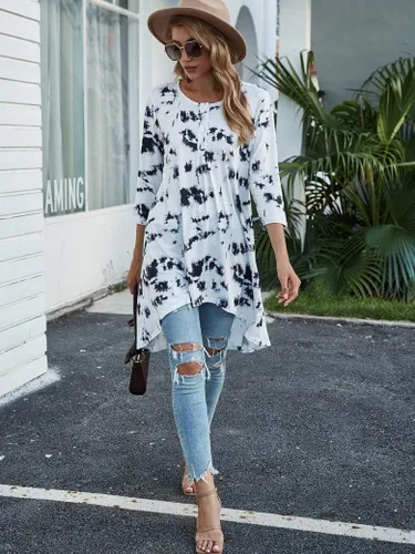 Miniatura 5 de Naggoo - Camiseta de manga 34 para mujer, diseño holgado y largo tipo túnica con cuello en V, botones, dobladillo asimétrico, casual, tallas S a 3XL