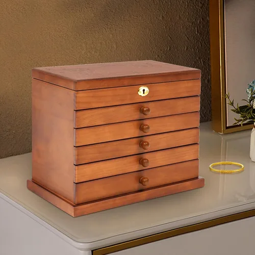 Miniatura 8 de Joyero organizador de 6 capas con cerradura y espejo, cajas de joyería de madera de trébol de cuatro hojas de la suerte y organizadores