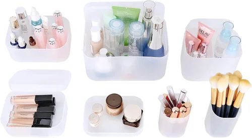 OCHEAL Juego de estuche organizador de maquillaje: almacenamiento apilable transparente para tocador, soporte de varios tamaños para maquillaje,