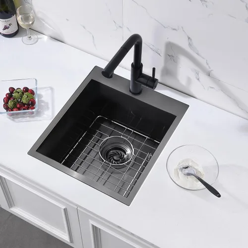 Miniatura 6 de Fregadero de barra negra de 15 pulgadas, 15 x 18 x 10 pulgadas, calibre 16, T304, de acero inoxidable negro, pequeño, fregadero de cocina, montaje