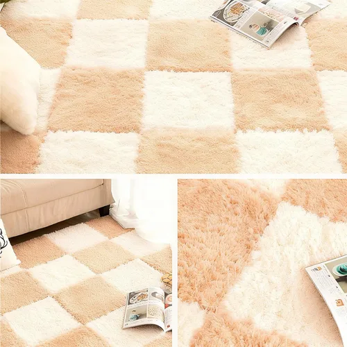 Miniatura 6 de Tapete de espuma de felpa gruesa que se entrelaza, 24 piezas de 12 x 12 pulgadas, tapete cuadrado esponjoso de espuma con bordes, alfombra de área