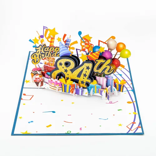 Miniatura 9 de iGifts And Cards Tarjeta desplegable 3D de feliz cumpleaños 84 – Diseño azul con números de purpurina, globos, pasteles y regalos – Tarjeta
