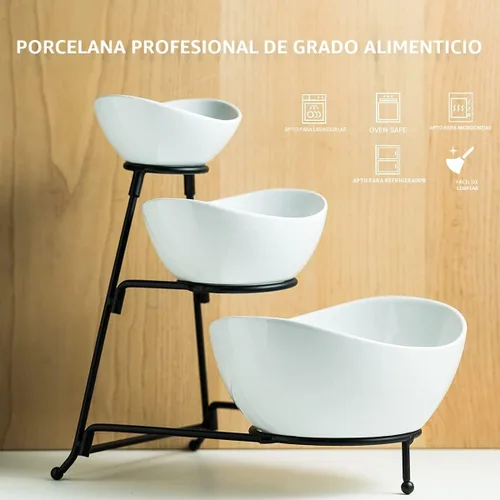 Miniatura 3 de YHOSSEUN Soporte de 3 niveles para servir con juego de 3 tazones ovalados de porcelana para servir con soporte de metal plegable más grueso