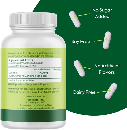Miniatura 3 de BESTVITE Cafeína 100 mg SR (120 cápsulas vegetarianas) - Liberación sostenida - Vegana - Sin OMG - Sin gluten - Píldoras de cafeína natural