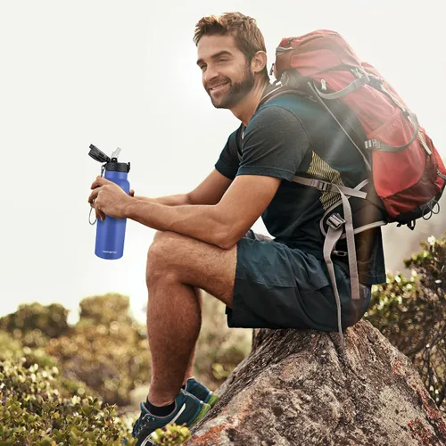 Miniatura 7 de Han's Bottle Botella de agua deportiva de 24 onzas, tapa con pajilla, a prueba de fugas, acero inoxidable aislado al vacío, doble pared, taza Azul