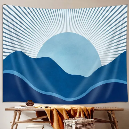 Miniatura 4 de JAWO Tapiz Bohemio Azul, Tapiz de Naturaleza con Montaña Abstracta y Sol Dorado para Colgar en la Pared para Dormitorio, Tapices de Paisaje