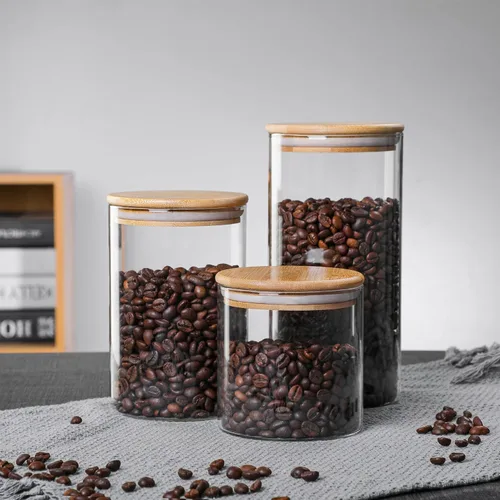 Miniatura 3 de MOLFUJ Contenedor de almacenamiento de vidrio de 18.6 fl oz / 18 onzas líquidas con tapa de madera, organizador decorativo transparente apilable