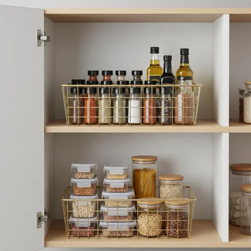 Miniatura 2 de 4 cestas de almacenamiento de alambre para cocina, contenedor de metal para el hogar, organizador de almacenamiento con asa para despensa, estante