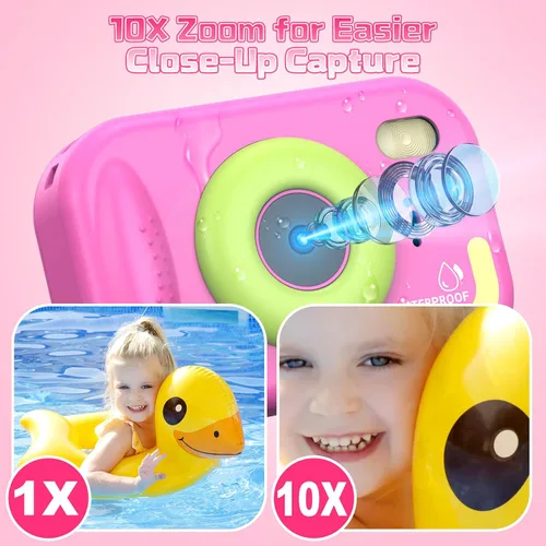 Miniatura 5 de Cámara para niños impermeable, cámara submarina IP68 para niños de 3 a 12 años, cámara digital HD para niños con grabación de video de 1080P, Rosa