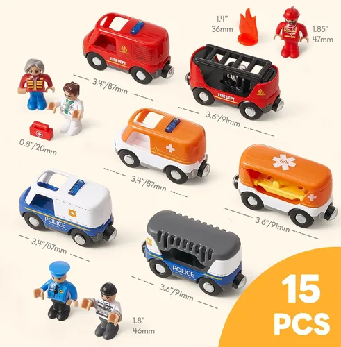 Miniatura 6 de Giant bean Juego de 6 piezas de coches de tren de rescate magnéticos con sonido y luz - Vehículos de emergencia 3 en 1 de policía, bomberos