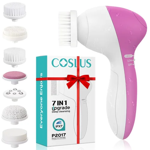 COSLUS Cepillo de limpieza facial Limpiador facial de silicona: Dispositivo de masaje giratorio exfoliante eléctrico 7 en 1 FBS-D Máquina de spa de