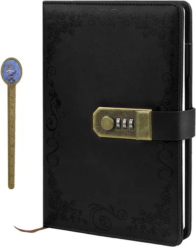 IPENNY Diario A5 vintage de cuero con cerradura de combinación, diario digital de contraseña con marcador para bolígrafo, cuaderno de privacidad