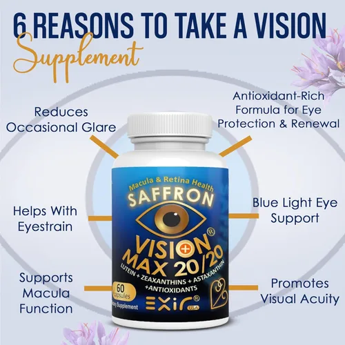 Miniatura 3 de EXIR Suplemento para los ojos Luteína, Astaxantina Zeaxantina, Azafrán Apoya la salud ocular, comodidad visual y enfoque, cápsula VM20-60