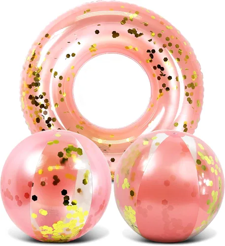 Mozlly Paquete de pelotas de playa inflables de oro rosa y tubo de flotador de piscina, flotador de piscina y bola de playa con purpurina,