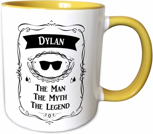 3dRose Dylan - The Man The Myth The Legend - Nombre personal personalizado regalo 11oz taza amarilla bicolor Amarillo