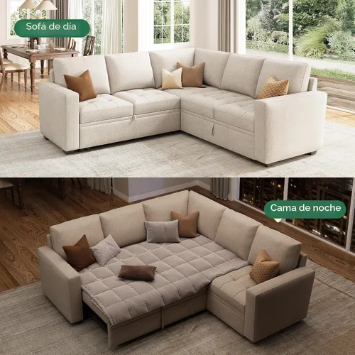 Miniatura 4 de HONBAY Sofá cama modular modular con cama extraíble, sofá en forma de L con asiento de almacenamiento, sofás seccionales para sala de estar, beige