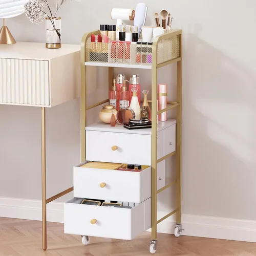 Miniatura 10 de HapiRm Organizador de Carrito de Maquillaje Rodante - Almacenamiento de Maquillaje y Cuidado de la Piel de Piso con 3 Cajones de Tela No Tejida
