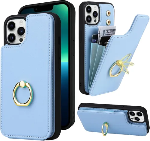 Miniatura 14 de Funda tipo cartera compatible con iPhone 13 Pro con soporte para tarjetas, rotación de 360°, soporte de anillo de dedo con función atril, bloqueo