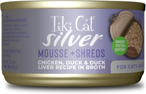 Tiki Cat Silver Comfort Mousse + Trozos, Pollo y Pato e Hígado de Pato, Apoyo del Sistema Inmunológico Formulado para Gatos Mayores de 11+ Años,