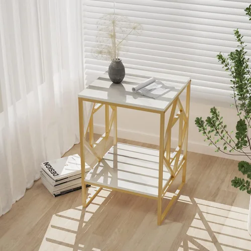 Miniatura 8 de Wisfor Mesa auxiliar de piedra sinterizada: mesa de centro pequeña cuadrada blanca de 2 niveles con marco dorado - Mesa auxiliar moderna de Negro