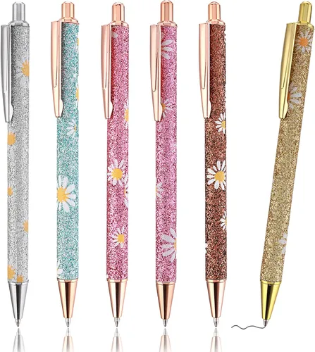 cobee Bling Pens - Paquete de 6 bolígrafos retráctiles de 0.039 pulgadas (0.039 in), con purpurina, tinta negra, punta media, bolígrafos de regalo
