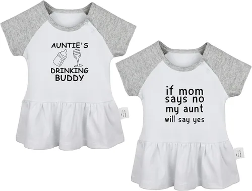 2PCS, Auntie's Drinking Buddy & If Mom Says No My Aunt Will Say Yes Funny Dresses Infant Baby Girls Princess Dress Ruffle