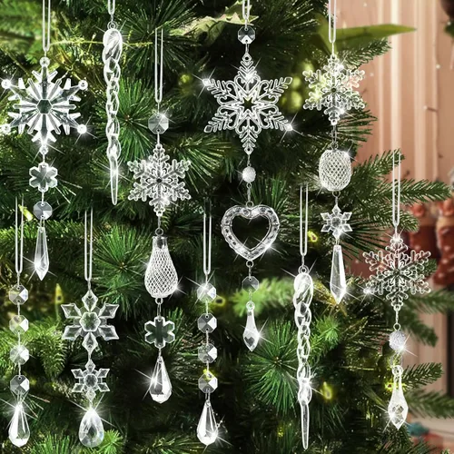 Miniatura 9 de Decoración de árbol de Navidad de copo de nieve de cristal, 21 piezas de adornos de árbol de Navidad brillantes deslumbrantes decoración de fiesta