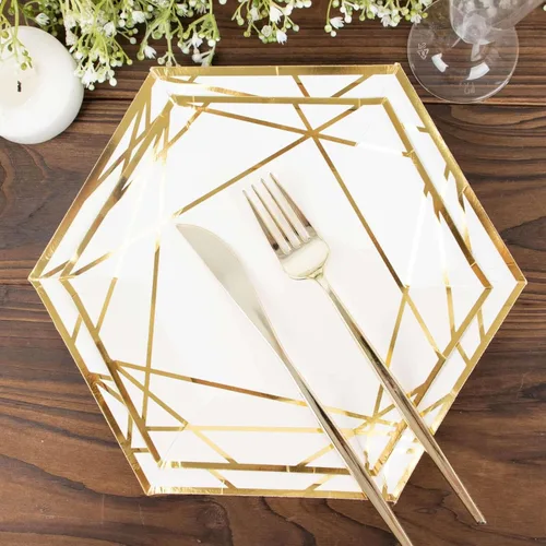 Miniatura 9 de Efavormart - Paquete de 25 platos hexagonales de papel blanco y dorado de 7 pulgadas, platos geométricos rígidos para postres y aperitivos