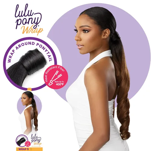 Miniatura 2 de Sensationnel Lulu Pony Wrap Hairextensions- 5 colas de caballo yaki sintéticas de alto calor o hasta la pieza de peluca de pelo (1 JETBLACK)
