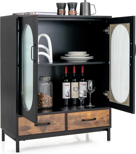 LOKO Armario buffet con almacenamiento, armario de cocina con puertas y cajones de vidrio templado, armario de almacenamiento de credenza, estilo