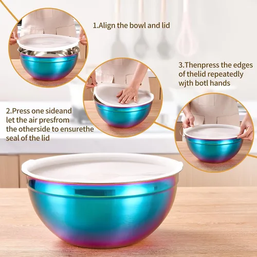 Miniatura 3 de Tazones de Mezcla Arcoíris con Tapas Herméticas, Tazón de Acero Inoxidable, Ensaladeras 7 Piezas de Tazones Anidables Arcoíris Accesorios de Cocina