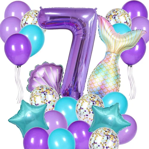 Miniatura 10 de Decoraciones de cumpleaños de sirena, kit de globos de cola de sirena, decoración de fiesta para niñas de 1 año (Número 1)
