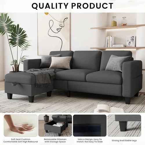 Miniatura 4 de Grzyhem Camillas seccionales para sala de estar, sofá convertible en forma de L, sofá moderno de lino gris de 3 plazas, sofás de 78 pulgadas