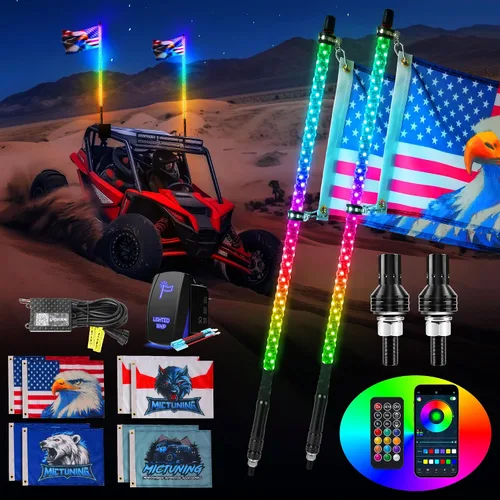 Miniatura 12 de MICTUNING 2PCS Luces LED Whip W1 de 3 pies con bandera y base de resorte, luces whip de persecución en espiral RGB+IC con APP, sincronización