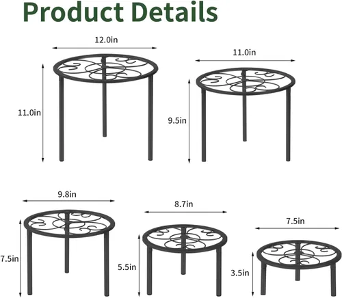Miniatura 6 de Juego de 5 estantes de metal para plantas en maceta, estantes resistentes para plantas de diferentes tamaños, estantes de flores de hierro, Negro