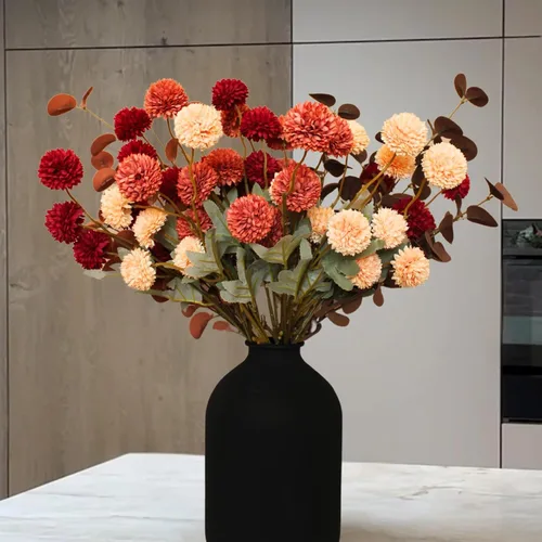 RyddeligHome Flores de otoño, flores artificiales Kiku de color naranja quemado, 10 tallos + eucalipto, centro de mesa floral de crisantemos falsos
