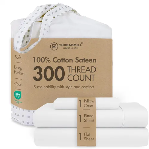Miniatura 35 de Threadmill Sábanas 100% Algodón para Cama Tamaño King Juego de Sábanas de 4 Piezas para Cama King Suave, Transpirable y Ligero Satén de Damasco