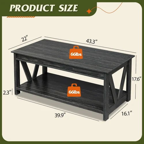 Miniatura 3 de WLIVE Mesa de Centro, Mesa de Centro Estilo Granja de 43" con Estante de Almacenamiento y Soporte Resistente en Forma de V, Mesa Central de Madera