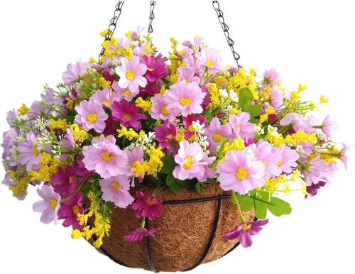 Miniatura 3 de Cesta colgante de cadena de flores de seda, maceta artificial de margaritas moradas, flores falsas (cesta mediana)
