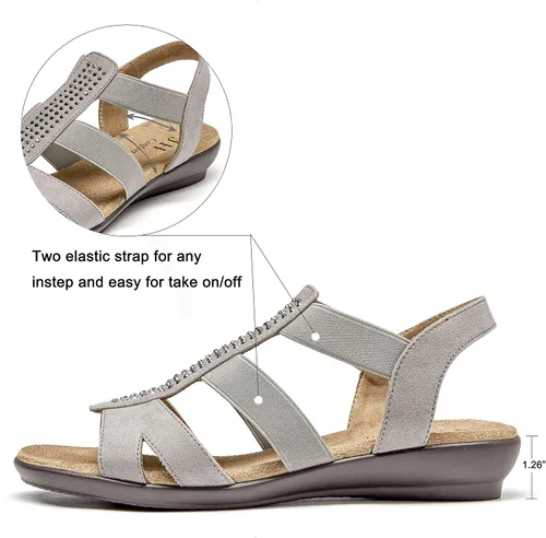 Miniatura 2 de VJH confort - Sandalias planas para mujer con diamantes de imitación, puntera abierta, elásticas, sin cordones, cómodas, informales, para caminar