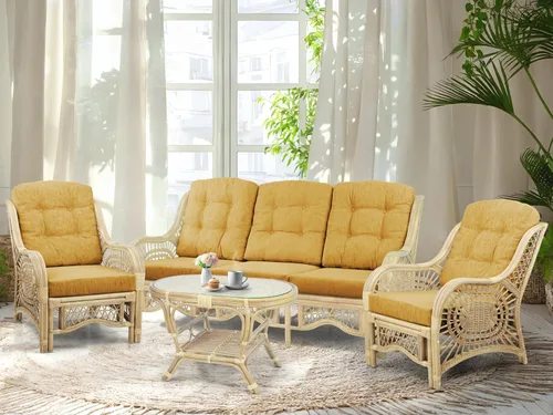 Miniatura 15 de Malibu Lounge Juego de 4: 2 sillas de mimbre de ratán natural, sofá de tres plazas con cojines marrón claro y mesa de centro con vidrio hecho a