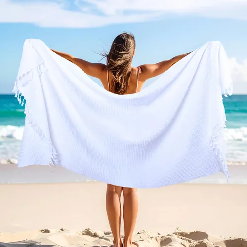 Miniatura 16 de PÜSKÜL - Toallas de playa turcas de lujo de tejido gofre, toallas de 100 % algodón turco natural, suaves, absorbentes, sin arena, de secado rápido