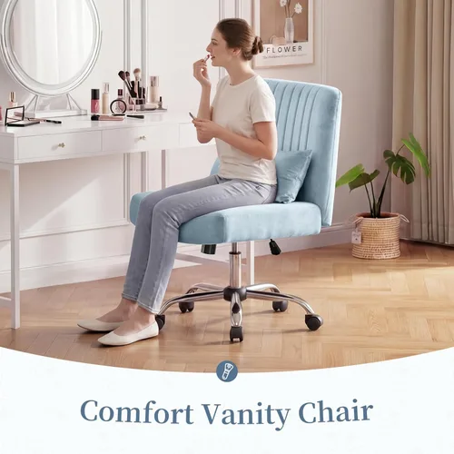 Miniatura 6 de Silla de oficina cruzada con ruedas, silla de escritorio de terciopelo con patas cruzadas para dormitorio, silla de computadora sin brazos, moderna