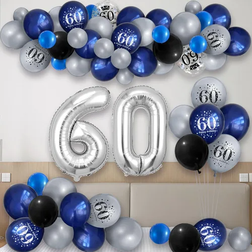 Miniatura 4 de Decoraciones de fiesta de cumpleaños 60, azul marino, plateado, pancarta de feliz cumpleaños 60 con 61 globos de látex, globos de aluminio