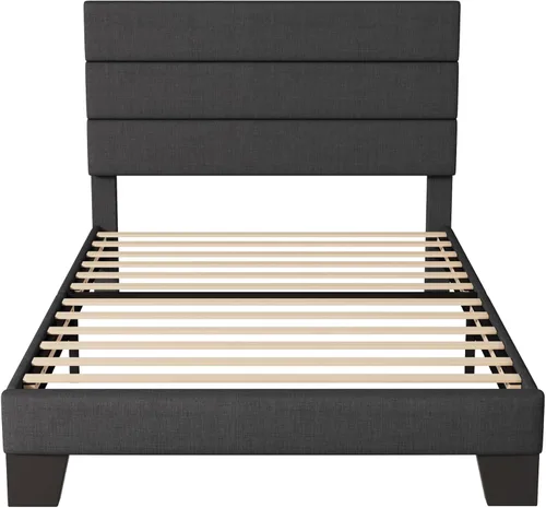 Miniatura 9 de Allewie Base de cama de plataforma de tamaño individual con cabecera tapizada de tela y soporte de listones de madera, base de colchón totalmente