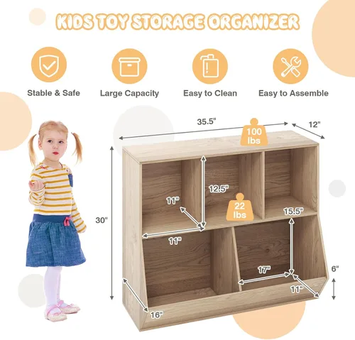 Miniatura 3 de Kids Bookshelf and Toy Organization,5 Cubby Open Wooden Playroom Organization and Storage, Toddler Bookshelf for Kid’s Room Bedroom Nursery