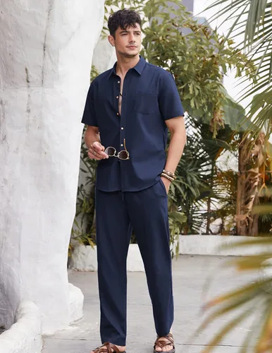 Miniatura 2 de COOFANDY Conjunto de 2 piezas de lino para hombre, conjunto de camisa y pantalón con botones para la playa