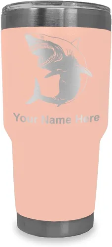 Miniatura 20 de LaserGram Vaso aislado al vacío de 20 onzas, gran tiburón blanco, grabado personalizado incluido (negro)